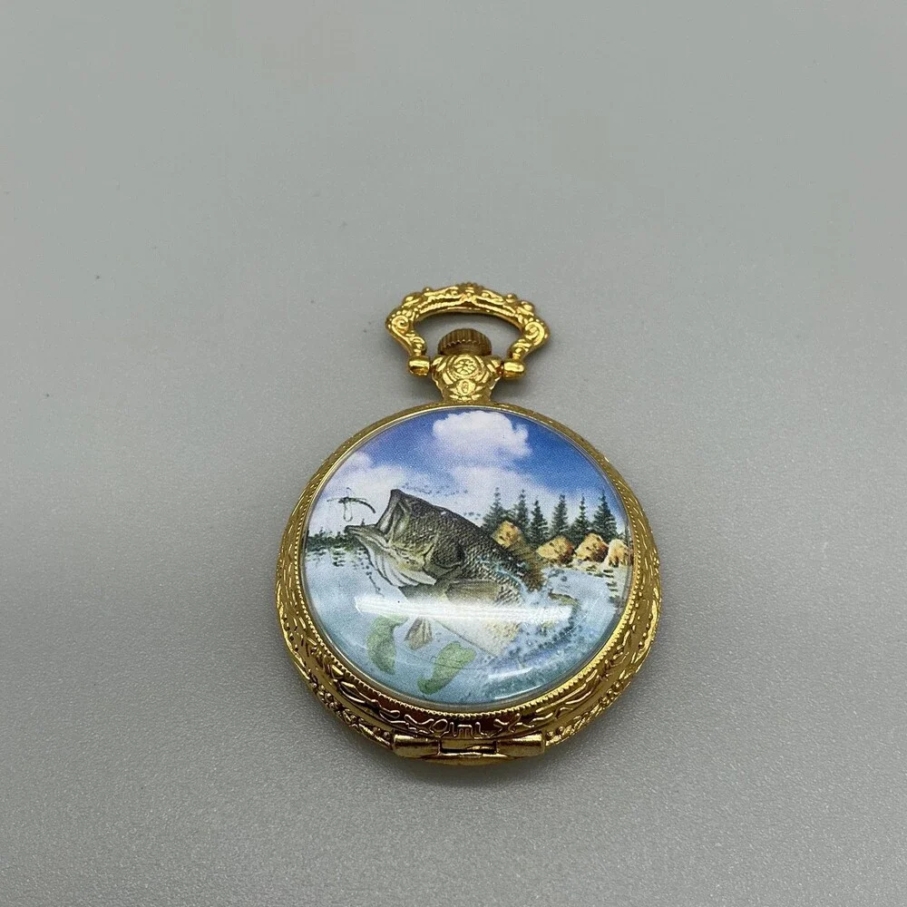 Largemouth Bass Pocket Watch Men 46mm Gold Tone Full Hunter Chain New Battery
